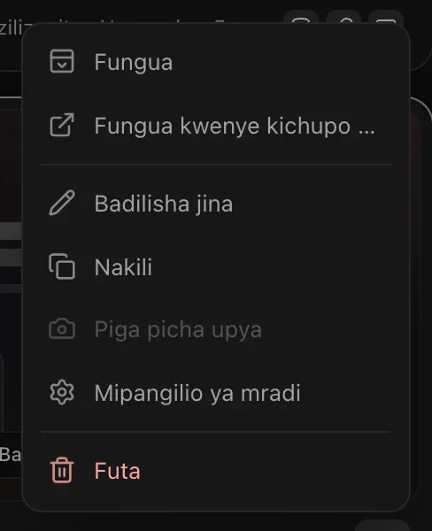 Menyu ya ⋯ ya kadi ya mradi: Fungua, Fungua kwenye kichupo kipya, Badilisha jina, Nakili, Piga picha upya, Mipangilio ya mradi na, kwa rangi nyekundu, Futa