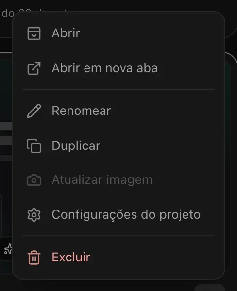 O menu ⋯ de um cartão de projeto: Abrir, Abrir em nova aba, Renomear, Duplicar, Atualizar imagem, Configurações do projeto e, em vermelho, Excluir