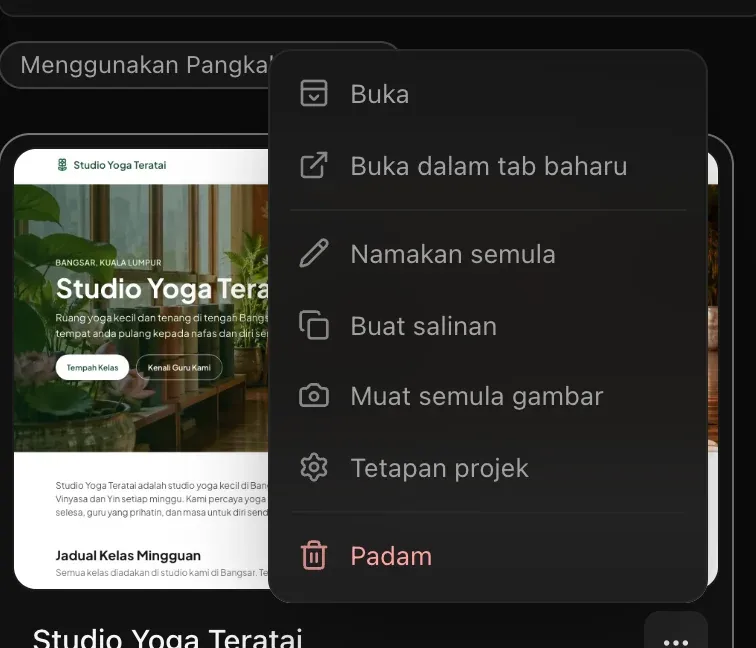 Menu ⋯ pada kad Studio Yoga Teratai: Buka, Buka dalam tab baharu, Namakan semula, Buat salinan, Muat semula gambar, Tetapan projek dan Padam