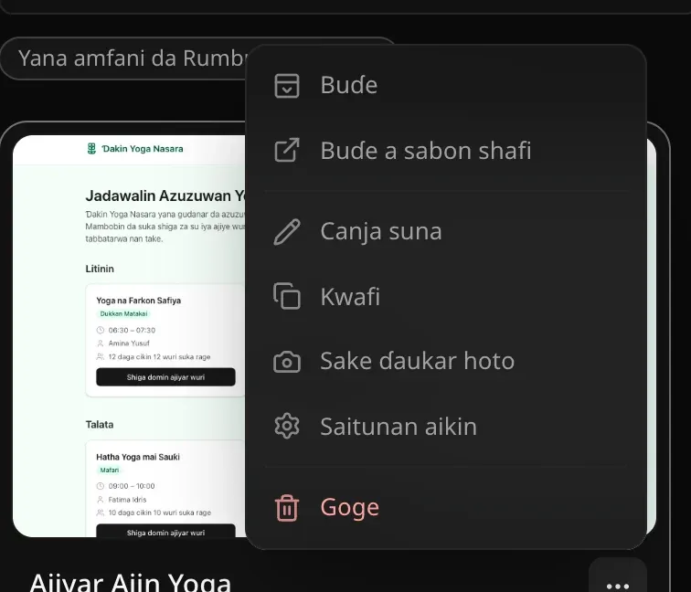 Menu na ⋯ na katin Ajiyar Ajin Yoga: Buɗe, Buɗe a sabon shafi, Canja suna, Kwafi, Sake ɗaukar hoto, Saitunan aikin da Goge