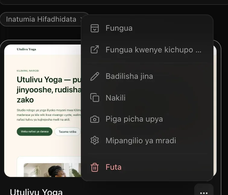 Menyu ya ⋯ ya kadi ya Utulivu Yoga: Fungua, Fungua kwenye kichupo kipya, Badilisha jina, Nakili, Piga picha upya, Mipangilio ya mradi na Futa