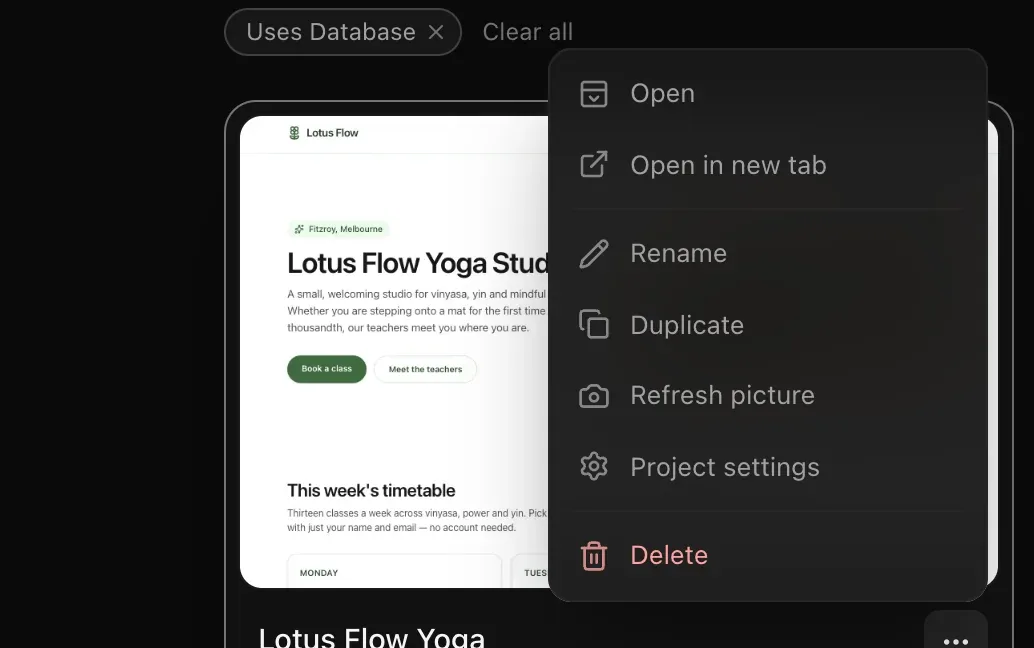 A project card's ⋯ menu open: Open, Open in new tab, Rename, Duplicate, Refresh picture, Project settings and Delete