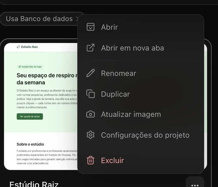 O menu ⋯ de um cartão de projeto aberto: Abrir, Abrir em nova aba, Renomear, Duplicar, Atualizar imagem, Configurações do projeto e Excluir