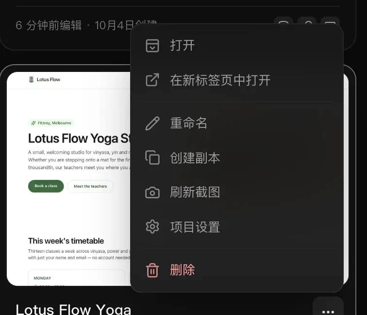 第一张项目卡片的 ⋯ 菜单：打开、在新标签页中打开、重命名、创建副本、刷新截图、项目设置和删除