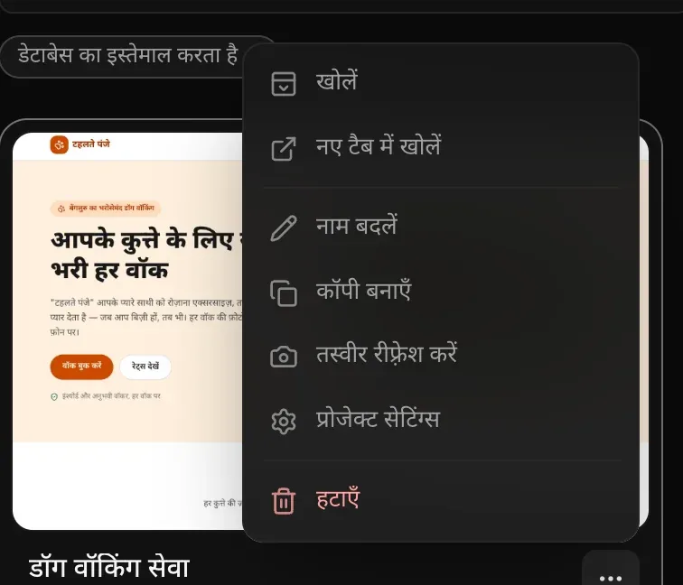 डॉग वॉकिंग सेवा के कार्ड का ⋯ मेनू: खोलें, नए टैब में खोलें, नाम बदलें, कॉपी बनाएँ, तस्वीर रीफ़्रेश करें, प्रोजेक्ट सेटिंग्स और हटाएँ