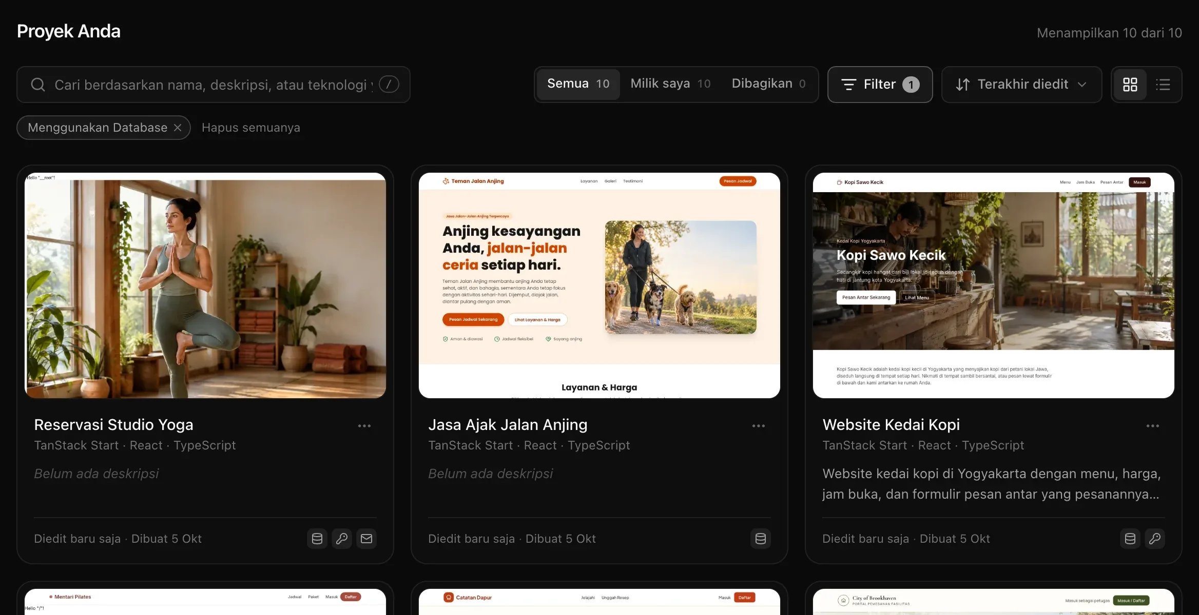 Proyek Anda: Menampilkan 10 dari 10, kotak pencarian, Semua 10, Milik saya 10, dan Dibagikan 0, Filter dengan 1 filter aktif, Terakhir diedit, tombol tampilan kartu dan daftar, chip Menggunakan Database dan Hapus semuanya, serta tiga kartu — Reservasi Studio Yoga, Jasa Ajak Jalan Anjing, dan Website Kedai Kopi — masing-masing dengan gambar aplikasi, TanStack Start · React · TypeScript, deskripsi, waktu diedit dan dibuat, serta ikon layanan yang digunakan