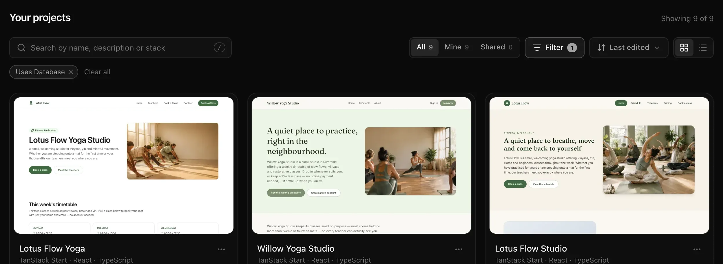 Your projects: Showing 9 of 9, the search box, All, Mine and Shared counts, a Filter button with 1 active filter, Last edited, the cards and list switch, a Uses Database filter chip, and three cards with pictures of yoga studio websites named Lotus Flow Yoga, Willow Yoga Studio and Lotus Flow Studio