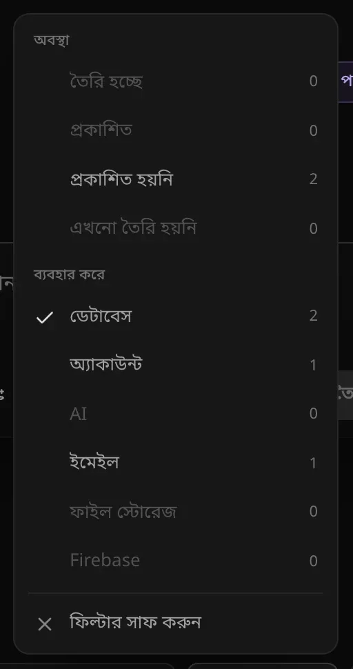 ফিল্টার মেনু: অবস্থা অংশে তৈরি হচ্ছে 0, প্রকাশিত 0, প্রকাশিত হয়নি 2 ও এখনো তৈরি হয়নি 0; ব্যবহার করে অংশে টিক দেওয়া ডেটাবেস (2), অ্যাকাউন্ট 1, AI 0, ইমেইল 1, ফাইল স্টোরেজ 0 ও Firebase 0; আর ফিল্টার সাফ করুন