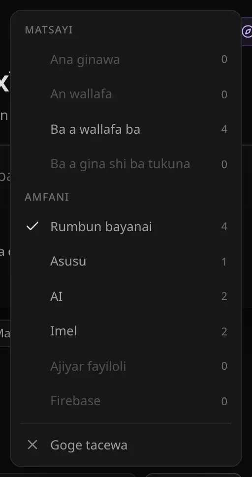 Menu na Tace: Matsayi mai Ana ginawa 0, An wallafa 0, Ba a wallafa ba 4 da Ba a gina shi ba tukuna 0; Amfani mai Rumbun bayanai da aka zaɓa (4), Asusu 1, AI 2, Imel 2, Ajiyar fayiloli 0 da Firebase 0; da “Goge tacewa”