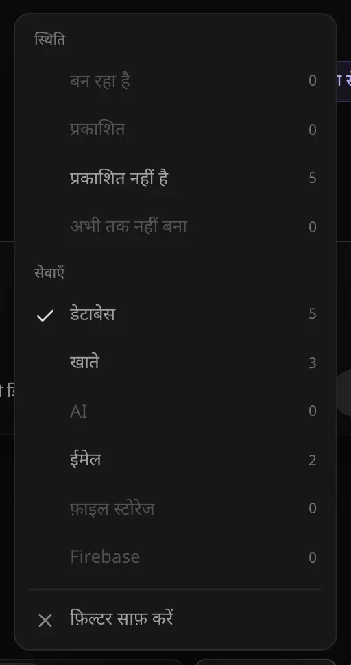 फ़िल्टर मेनू: स्थिति में बन रहा है 0, प्रकाशित 0, प्रकाशित नहीं है 5 और अभी तक नहीं बना 0; सेवाएँ में डेटाबेस पर सही का निशान (5), खाते 3, AI 0, ईमेल 2, फ़ाइल स्टोरेज 0 और Firebase 0; और “फ़िल्टर साफ़ करें”