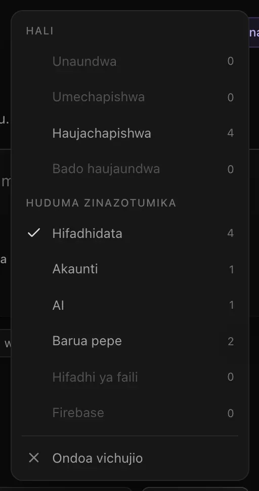 Menyu ya Chuja: Hali ikiwa na Unaundwa 0, Umechapishwa 0, Haujachapishwa 4 na Bado haujaundwa 0; Huduma zinazotumika ikiwa na Hifadhidata imewekewa alama (4), Akaunti 1, AI 1, Barua pepe 2, Hifadhi ya faili 0 na Firebase 0; na Ondoa vichujio