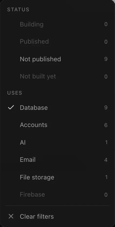 The Filter menu: Status with Building, Published, Not published and Not built yet, and Uses with Database ticked, Accounts, AI, Email, File storage and Firebase, each with a count, and Clear filters