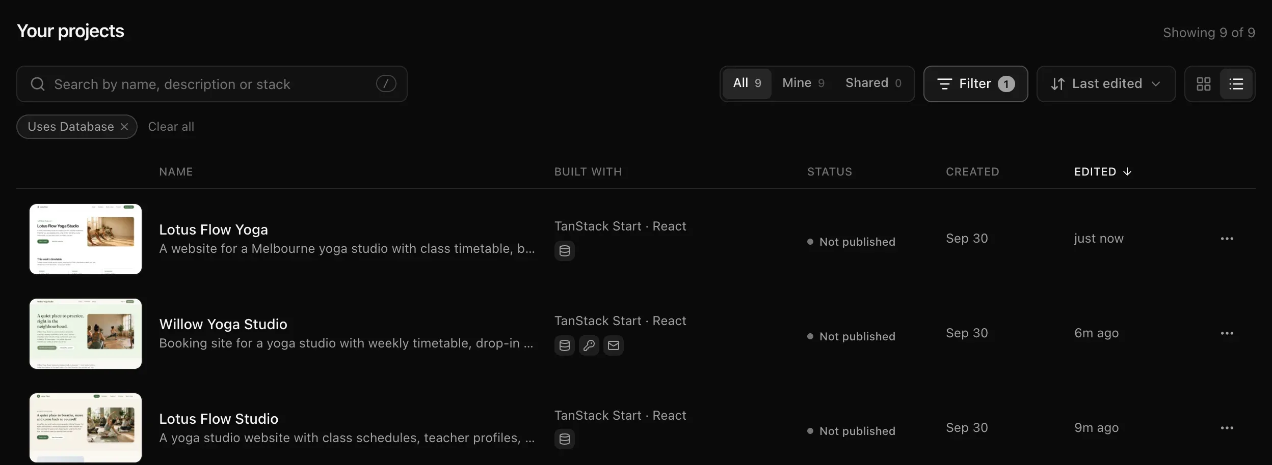 Projects in list view with the columns Name, Built with, Status, Created and Edited, showing small pictures, descriptions, Not published status and dates