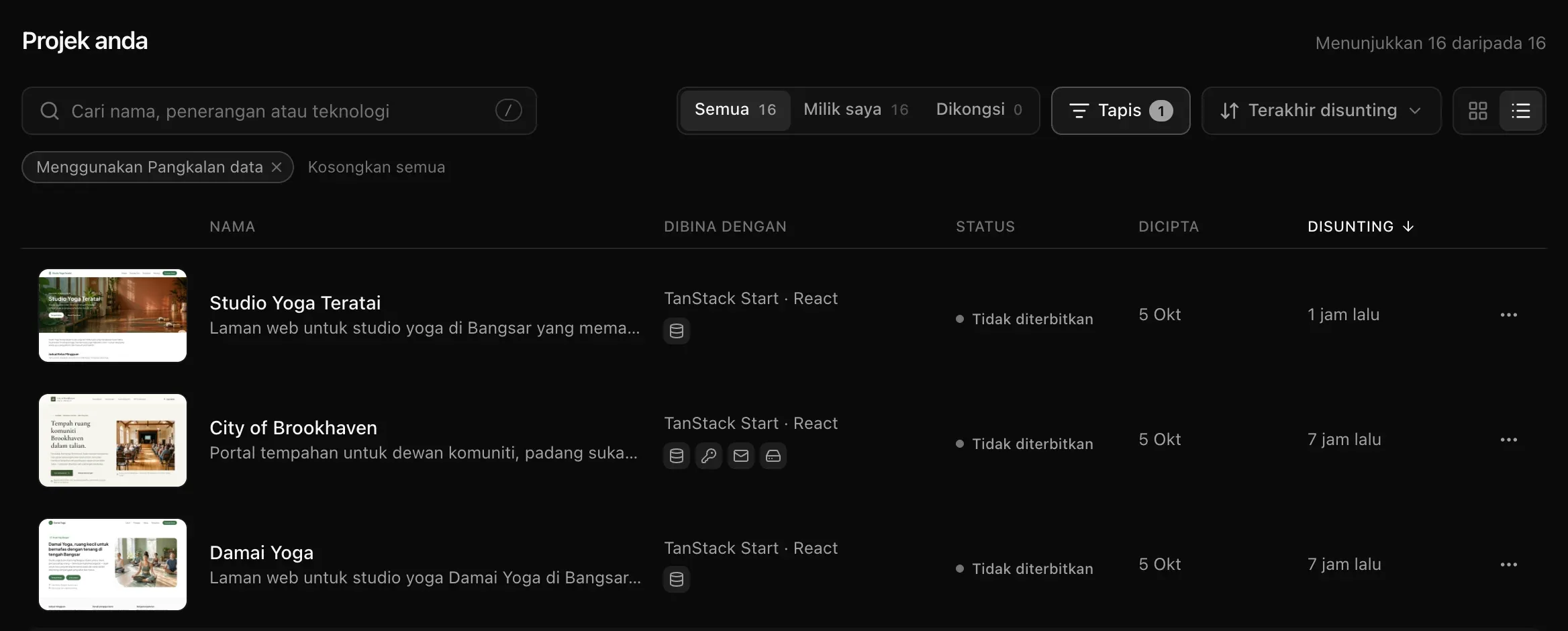 Projek dalam paparan senarai, diisih mengikut Disunting, dengan lajur Nama, Dibina dengan, Status, Dicipta dan Disunting: Studio Yoga Teratai, City of Brookhaven dan Damai Yoga, setiap satu dengan gambar kecil, penerangan, TanStack Start · React dan ikon perkhidmatan, Tidak diterbitkan, 5 Okt, dan bila ia terakhir disunting