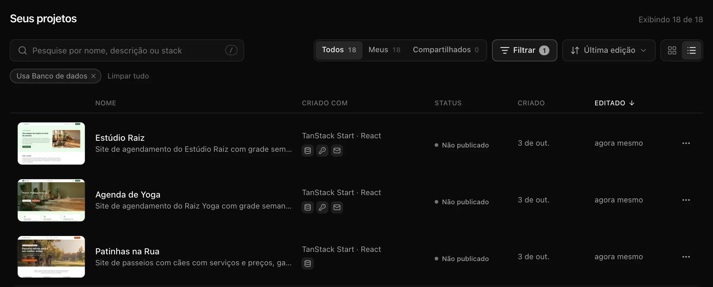 Projetos em lista, com as colunas Nome, Criado com, Status, Criado e Editado, mostrando Estúdio Raiz, Agenda de Yoga e Patinhas na Rua com imagens pequenas, descrições, o status Não publicado e as datas
