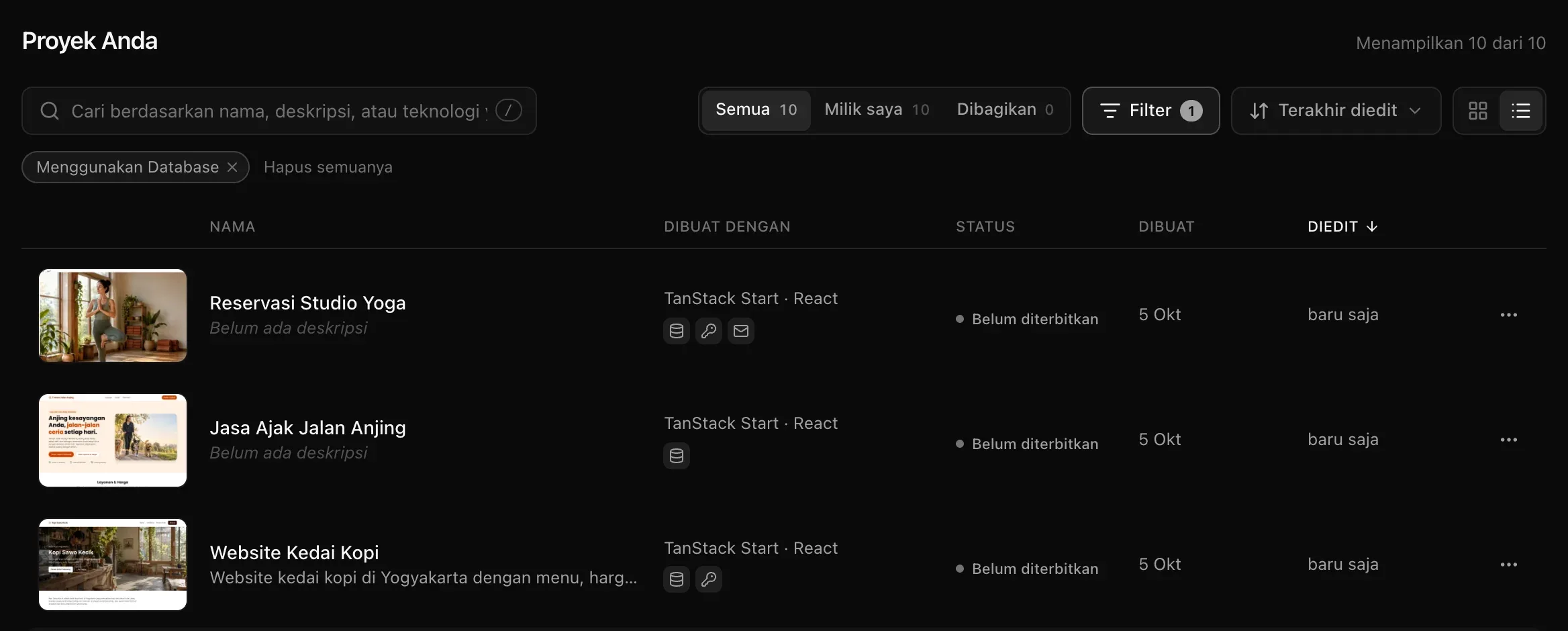 Proyek dalam tampilan daftar, diurutkan berdasarkan Diedit, dengan kolom Nama, Dibuat dengan, Status, Dibuat, dan Diedit: Reservasi Studio Yoga, Jasa Ajak Jalan Anjing, dan Website Kedai Kopi, masing-masing dengan gambar kecil, deskripsinya, TanStack Start · React dan ikon layanan, Belum diterbitkan, 5 Okt, dan waktu terakhir diedit