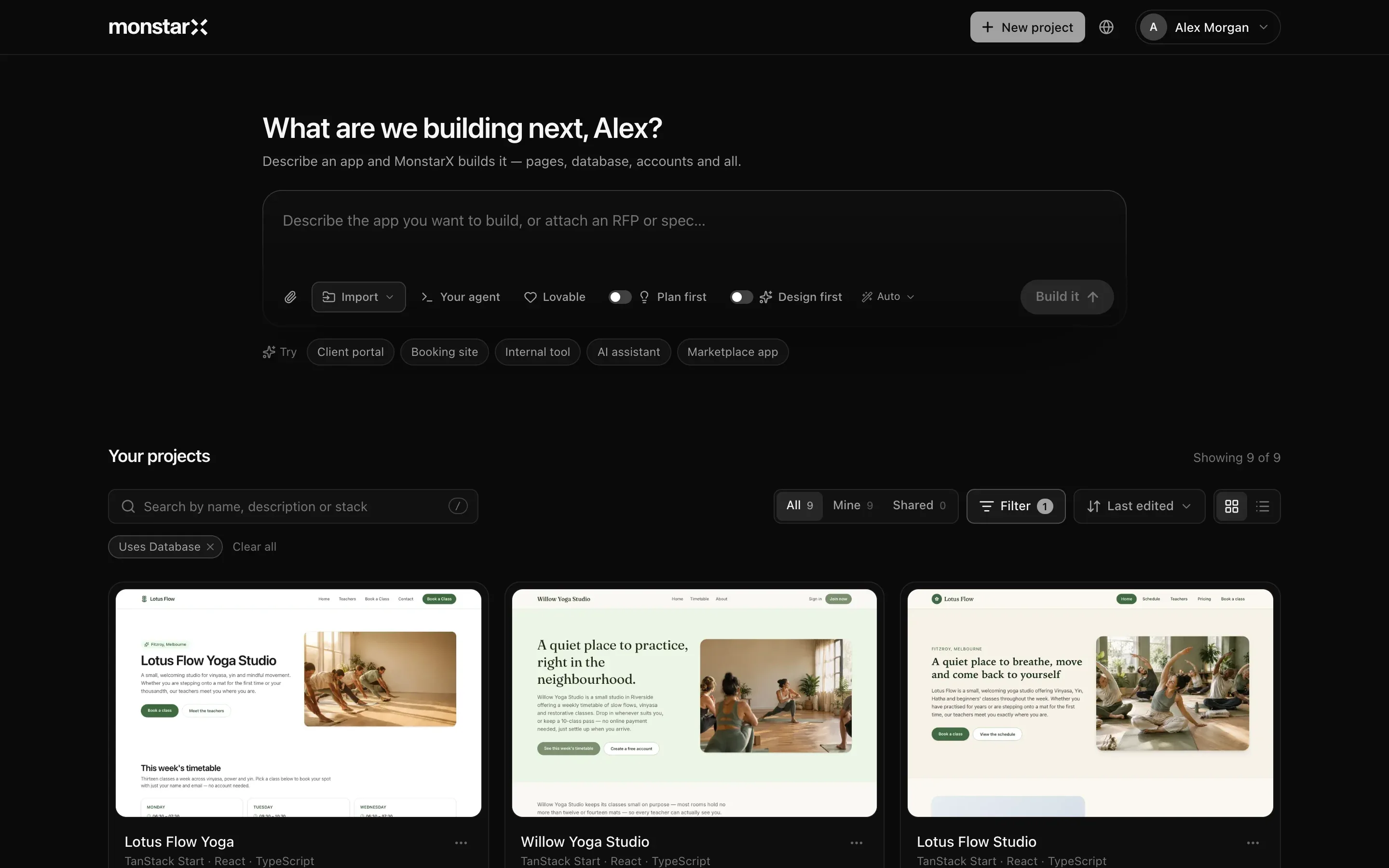 The Projects page: the heading What are we building next, Alex?, the prompt box with its buttons, starter ideas, and Your projects with a search box, filters and three project cards showing pictures of yoga studio websites