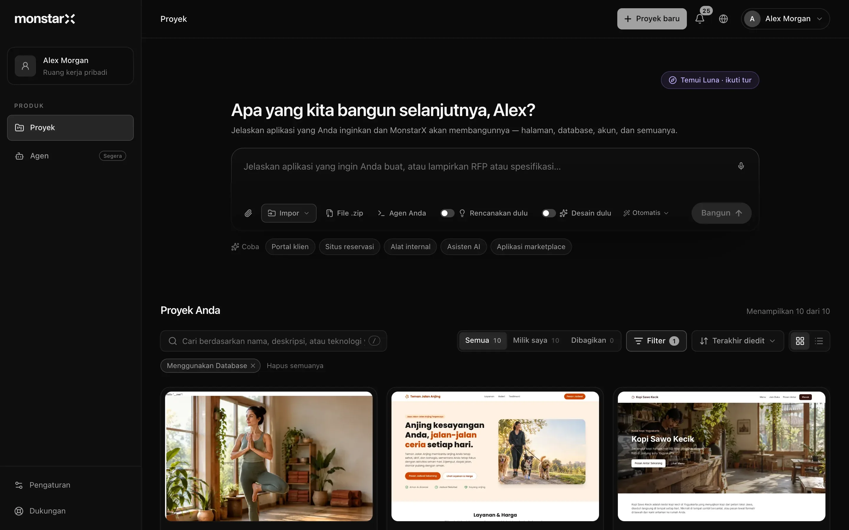 Halaman Proyek: bilah samping dengan Ruang kerja pribadi milik pengguna, Produk dengan Proyek terpilih dan Agen bertanda Segera, serta Pengaturan dan Dukungan di bagian bawah; Proyek baru di kanan atas; Temui Luna · ikuti tur di atas judul Apa yang kita bangun selanjutnya, disertai nama pengguna; kotak prompt dengan Impor, pintasan File .zip dan Agen Anda, tombol Rencanakan dulu dan Desain dulu, Otomatis, dan Bangun; ide pembuka; lalu Proyek Anda, Menampilkan 10 dari 10, dengan kotak pencarian, Semua, Milik saya, dan Dibagikan, Filter dengan 1 filter aktif, chip Menggunakan Database, dan tiga kartu bergambar situs studio yoga, situs jasa ajak jalan anjing, dan situs kedai kopi