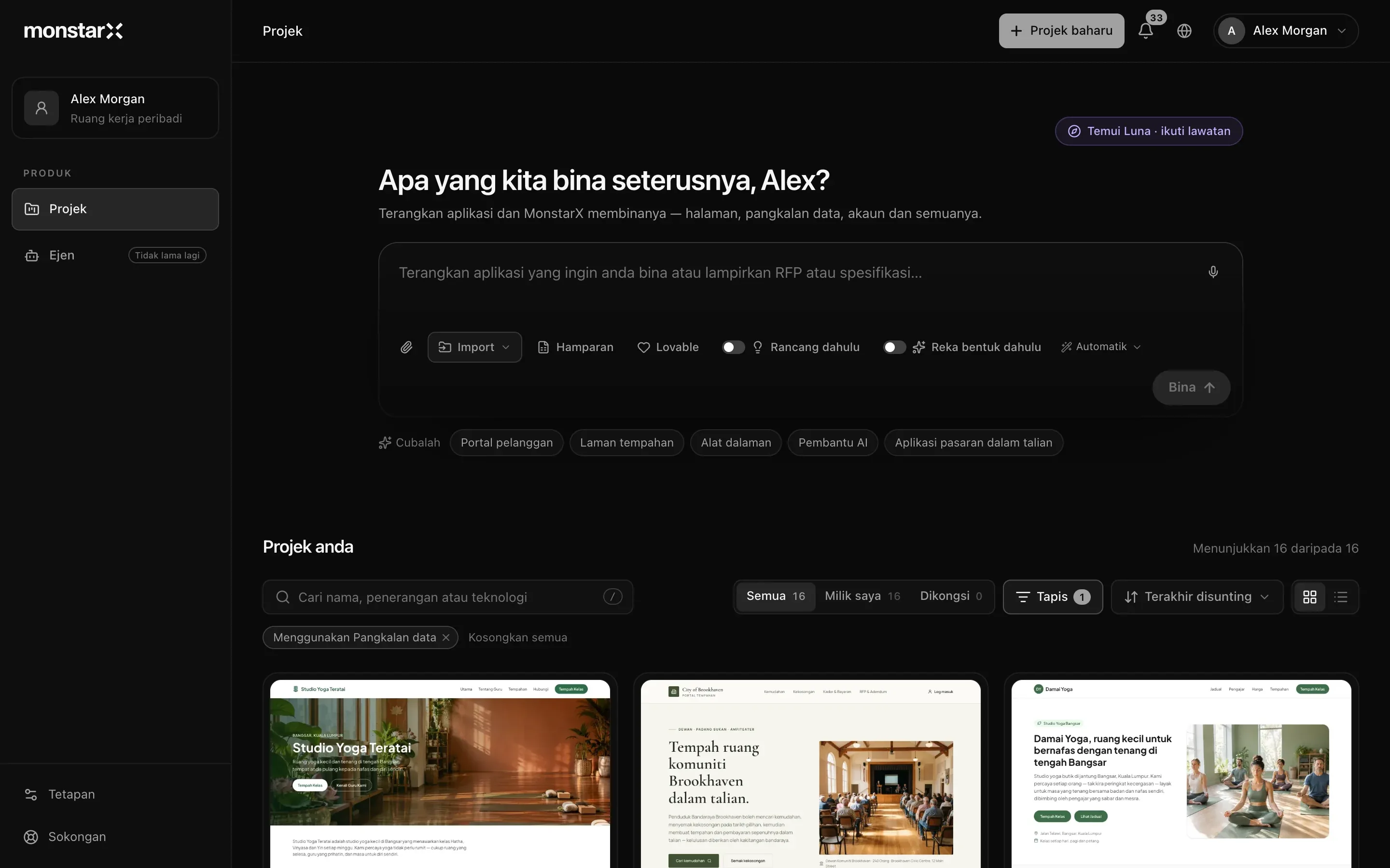Halaman Projek: bar sisi dengan ruang kerja peribadi Alex Morgan, Produk dengan Projek dipilih dan Ejen bertanda Tidak lama lagi, serta Tetapan dan Sokongan di bahagian bawah; Projek baharu di penjuru kanan atas; Temui Luna · ikuti lawatan di atas tajuk Apa yang kita bina seterusnya, Alex?; kotak prom dengan Import, Hamparan dan Lovable, suis Rancang dahulu dan Reka bentuk dahulu, Automatik dan Bina; idea permulaan; dan Projek anda, Menunjukkan 16 daripada 16, dengan kotak carian, Semua, Milik saya dan Dikongsi, Tapis dengan 1 penapis aktif, cip Menggunakan Pangkalan data, serta kad Studio Yoga Teratai, City of Brookhaven dan Damai Yoga