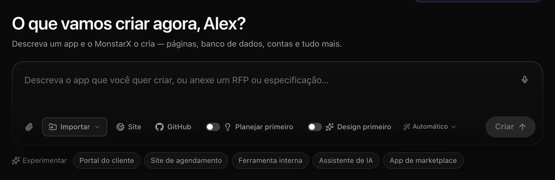 A caixa de texto: Descreva o app que você quer criar, ou anexe um RFP ou especificação…, com o clipe, Importar, os atalhos Lovable e Figma, as opções Planejar primeiro e Design primeiro, o botão do modelo Automático e Criar, e as ideias para começar logo abaixo