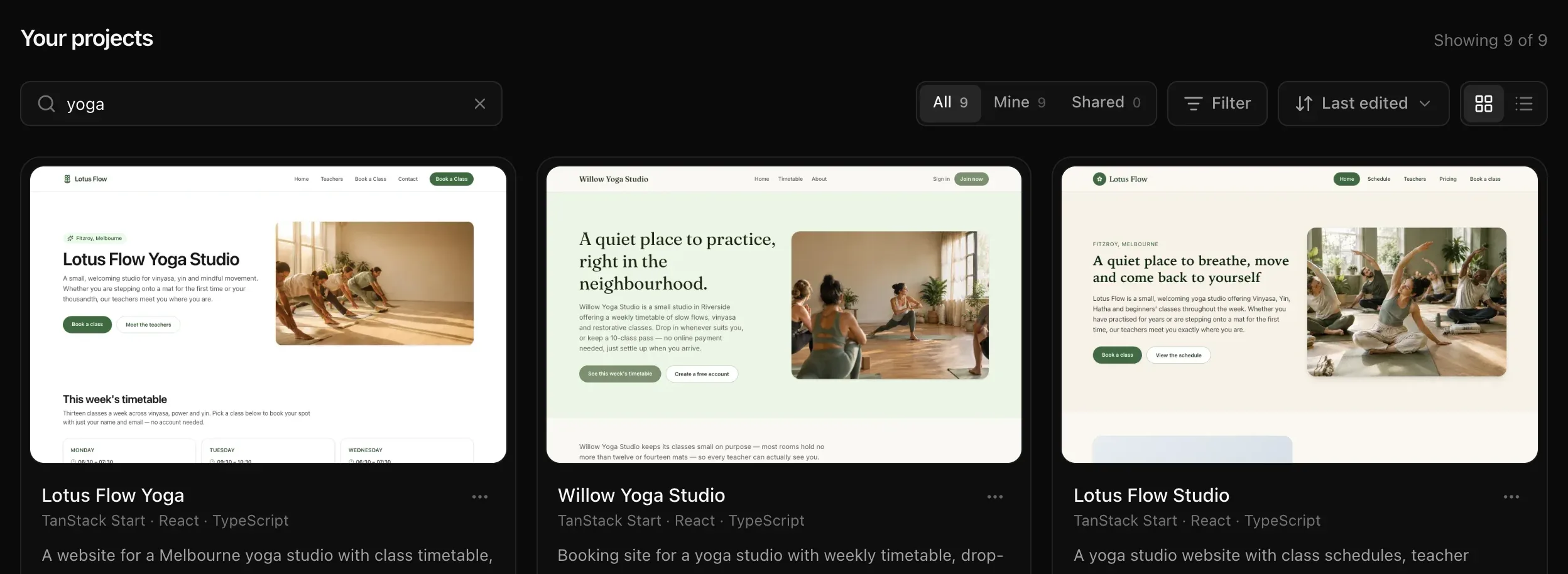 The search box with yoga typed in, showing yoga studio projects that match