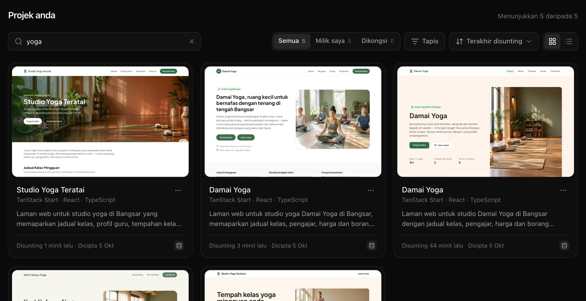 Kotak carian dengan perkataan yoga ditaip: Menunjukkan 5 daripada 5, Semua 5, Milik saya 5 dan Dikongsi 0, serta kad Studio Yoga Teratai dan dua kad Damai Yoga yang sepadan