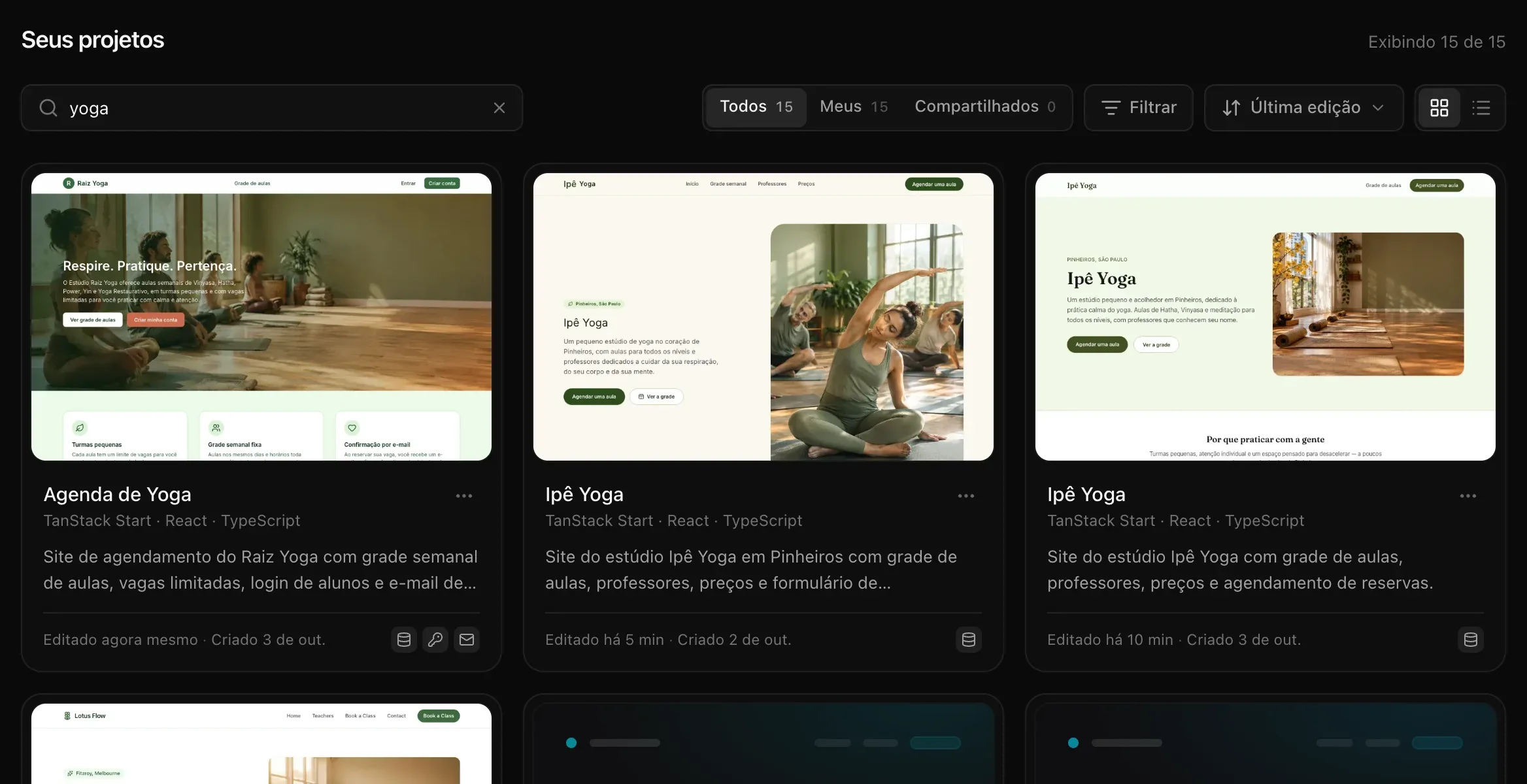 A busca com yoga digitado, mostrando os projetos de ioga que correspondem: Agenda de Yoga e dois Ipê Yoga na primeira fileira
