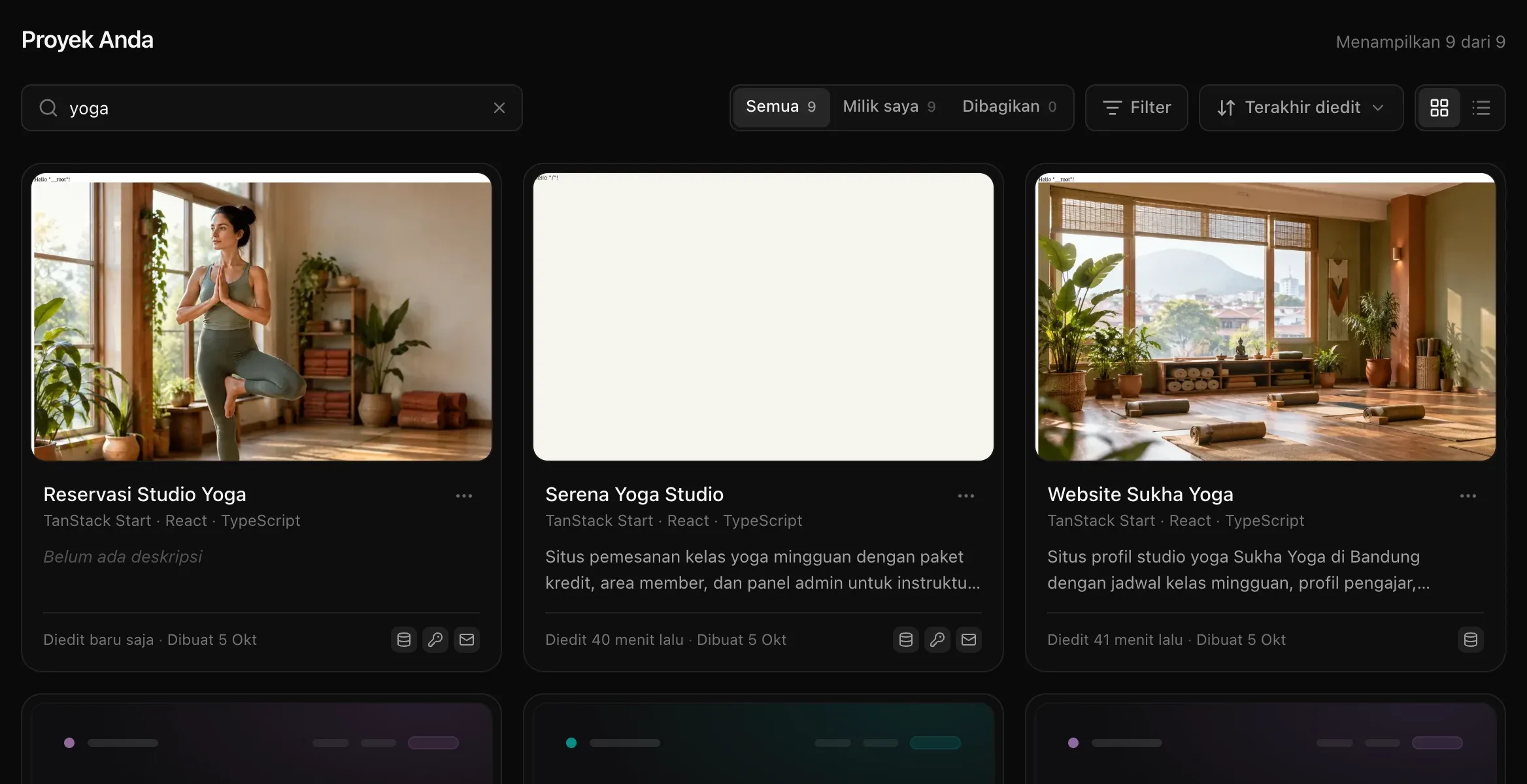 Kotak pencarian berisi kata yoga: Menampilkan 9 dari 9, Semua 9, Milik saya 9, dan Dibagikan 0, serta kartu-kartu studio yoga yang cocok