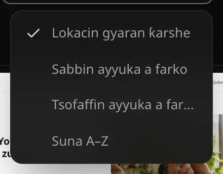 Menu na jerawa inda aka zaɓi Lokacin gyaran ƙarshe, Sabbin ayyuka a farko, Tsofaffin ayyuka a farko da Suna A–Z