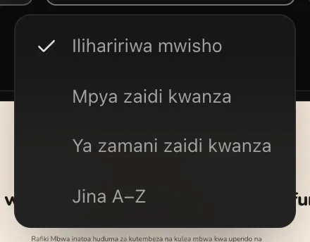 Menyu ya kupanga ikiwa na Ilihaririwa mwisho imewekewa alama, Mpya zaidi kwanza, Ya zamani zaidi kwanza na Jina A–Z
