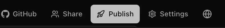 The workspace header with GitHub, Share, Publish and Settings