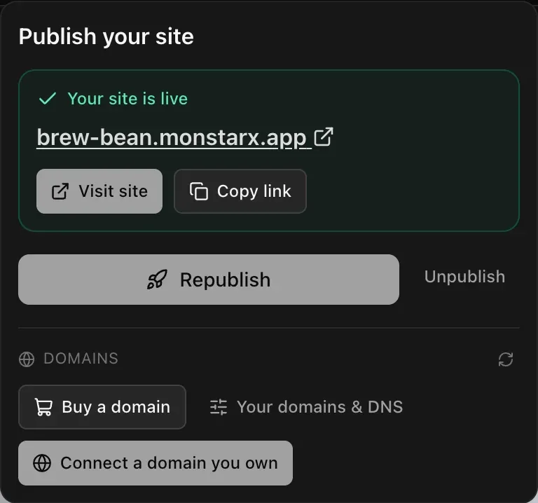 The Publish menu after publishing: Your site is live with the app's monstarx.app address, Visit site and Copy link, then Republish and Unpublish, and the Domains section
