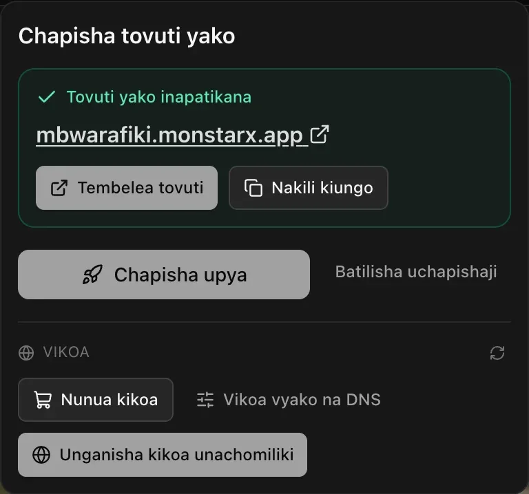 Menyu ya Chapisha baada ya kuchapisha: Tovuti yako inapatikana pamoja na anwani ya monstarx.app ya programu, Tembelea tovuti na Nakili kiungo, kisha Chapisha upya na Batilisha uchapishaji, na sehemu ya Vikoa