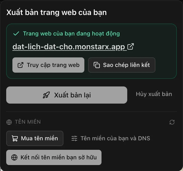 Menu Xuất bản sau khi xuất bản: Trang web của bạn đang hoạt động kèm địa chỉ monstarx.app của ứng dụng, Truy cập trang web và Sao chép liên kết, tiếp theo là Xuất bản lại và Hủy xuất bản, rồi đến mục Tên miền