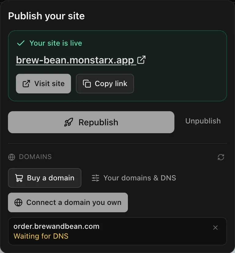The Publish menu with the app live and, under Domains, the connected domain order.brewandbean.com marked Waiting for DNS, next to Buy a domain, Your domains & DNS and Connect a domain you own