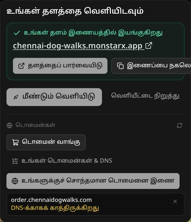 செயலி இயங்கும் நிலையில் வெளியிடு மெனு; டொமைன்கள் பகுதியில், “DNS-க்காகக் காத்திருக்கிறது” எனக் குறிக்கப்பட்ட இணைத்த டொமைன் order.chennaidogwalks.com, அருகில் டொமைன் வாங்கு, உங்கள் டொமைன்கள் & DNS, உங்களுக்குச் சொந்தமான டொமைனை இணை