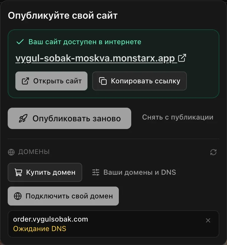 Меню «Опубликовать» с опубликованным приложением vygul-sobak-moskva.monstarx.app; в блоке «Домены» подключённый домен order.vygulsobak.com со статусом «Ожидание DNS», рядом кнопки «Купить домен», «Ваши домены и DNS» и «Подключить свой домен»