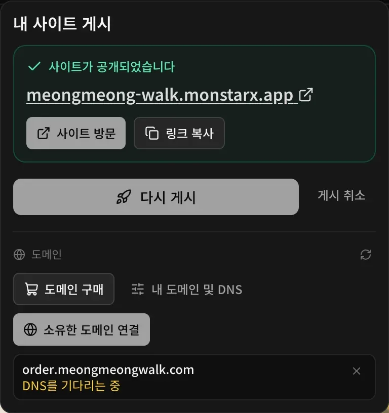 앱이 공개된 상태의 게시 메뉴. 도메인 아래에 ‘DNS를 기다리는 중’으로 표시된 연결 도메인 order.meongmeongwalk.com과 도메인 구매, 내 도메인 및 DNS, 소유한 도메인 연결 버튼