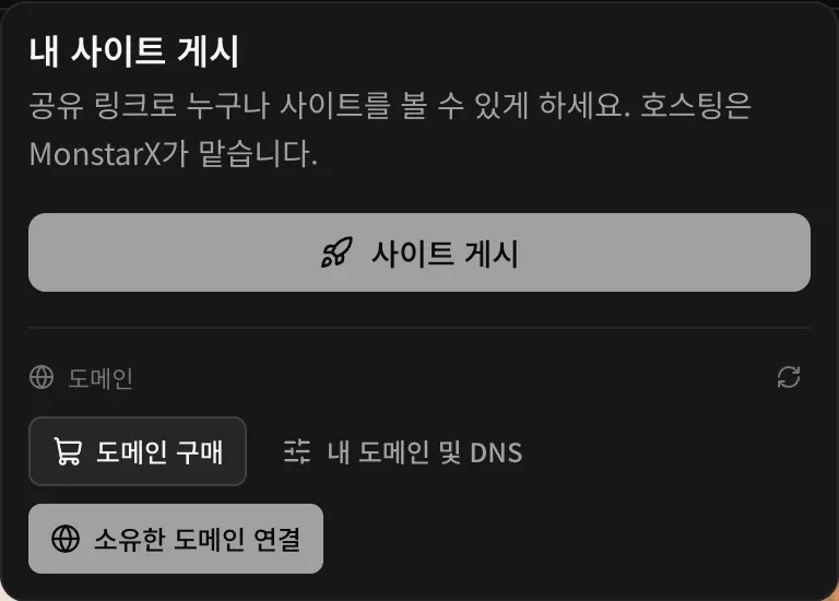 내 사이트 게시 메뉴: ‘공유 링크로 누구나 사이트를 볼 수 있게 하세요. 호스팅은 MonstarX가 맡습니다.’라는 안내, 사이트 게시 버튼, 그리고 도메인 구매, 내 도메인 및 DNS, 소유한 도메인 연결이 있는 도메인 섹션