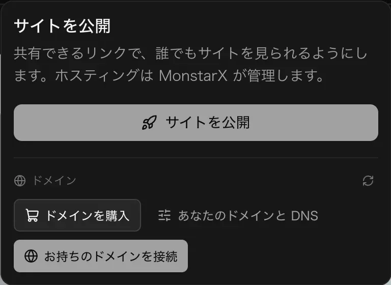 「サイトを公開」のメニュー。共有できるリンクで誰でもサイトを見られるようにし、ホスティングは MonstarX が管理するという説明、サイトを公開ボタン、そしてドメインを購入・あなたのドメインと DNS・お持ちのドメインを接続があるドメインのセクション