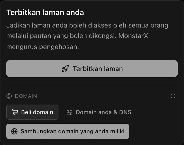 Menu Terbitkan laman anda: Jadikan laman anda boleh diakses oleh semua orang melalui pautan yang boleh dikongsi. MonstarX mengurus pengehosan. Butang Terbitkan laman, dan bahagian Domain dengan Beli domain, Domain anda & DNS dan Sambungkan domain yang anda miliki