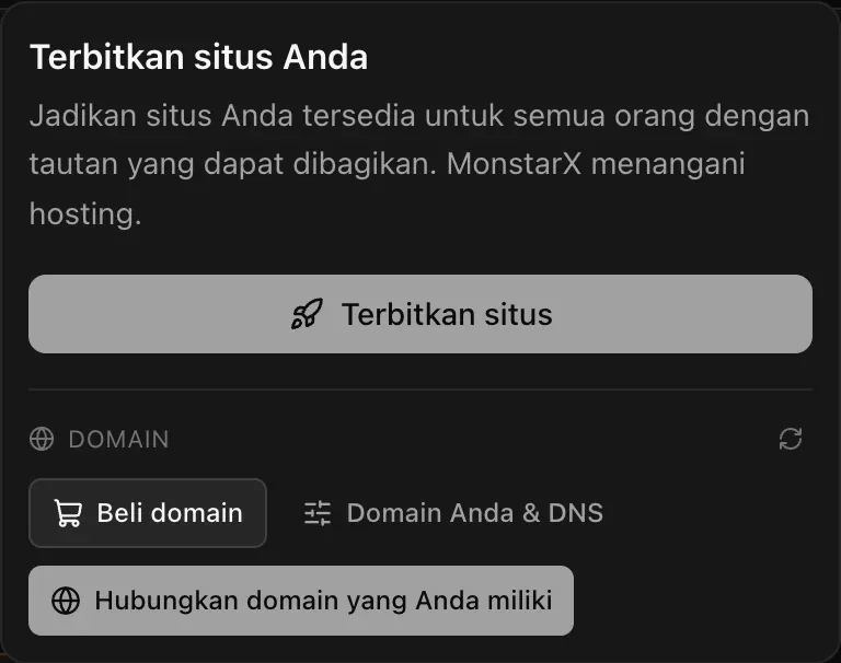 Menu Terbitkan situs Anda: Jadikan situs Anda tersedia untuk semua orang dengan tautan yang dapat dibagikan. MonstarX menangani hosting. Tombol Terbitkan situs, dan bagian Domain dengan Beli domain, Domain Anda & DNS, dan Hubungkan domain yang Anda miliki