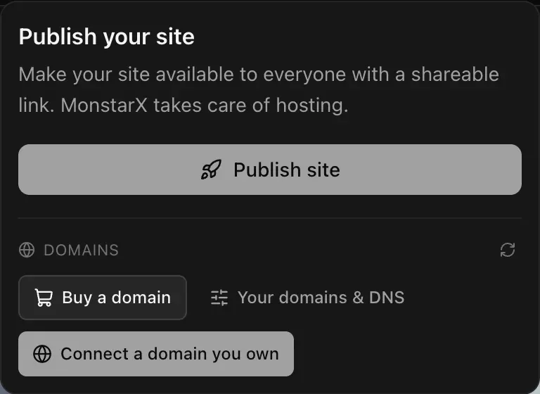 The Publish menu with the Domains section: Buy a domain, Your domains & DNS and Connect a domain you own