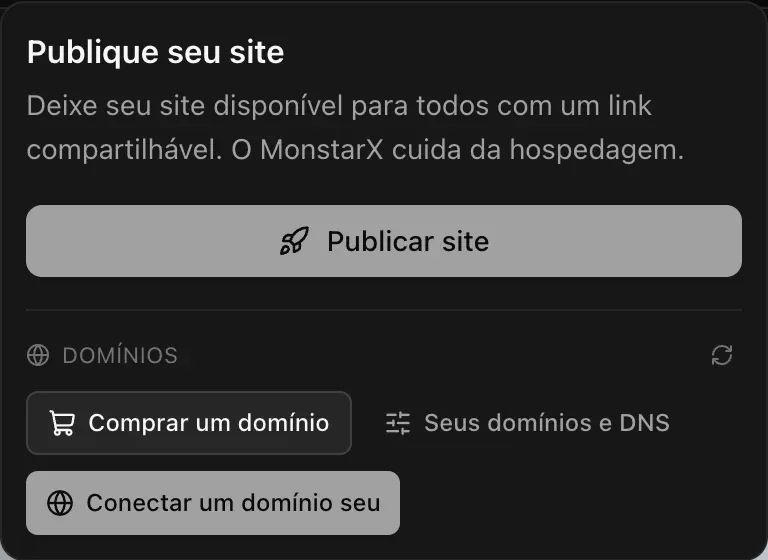 O menu Publicar com a seção Domínios: Comprar um domínio, Seus domínios e DNS e Conectar um domínio seu