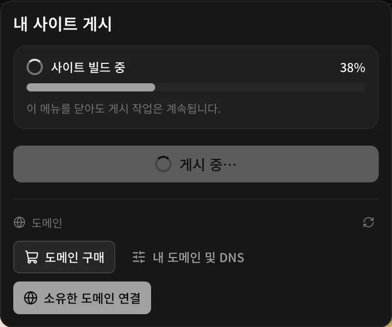 게시 중인 게시 메뉴: 38%에서 ‘사이트 빌드 중’, 그리고 ‘이 메뉴를 닫아도 게시 작업은 계속됩니다.’라는 안내