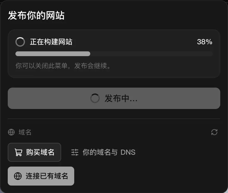 发布过程中的“发布”菜单：正在构建网站，38%，并提示：你可以关闭此菜单，发布会继续。