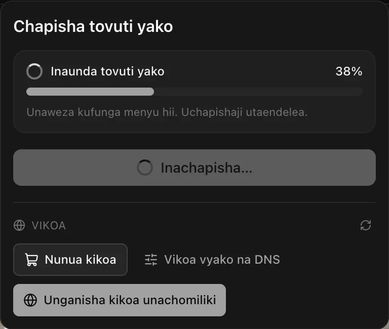 Menyu ya Chapisha wakati wa kuchapisha: Inaunda tovuti yako ikiwa 38%, pamoja na maelezo Unaweza kufunga menyu hii. Uchapishaji utaendelea.