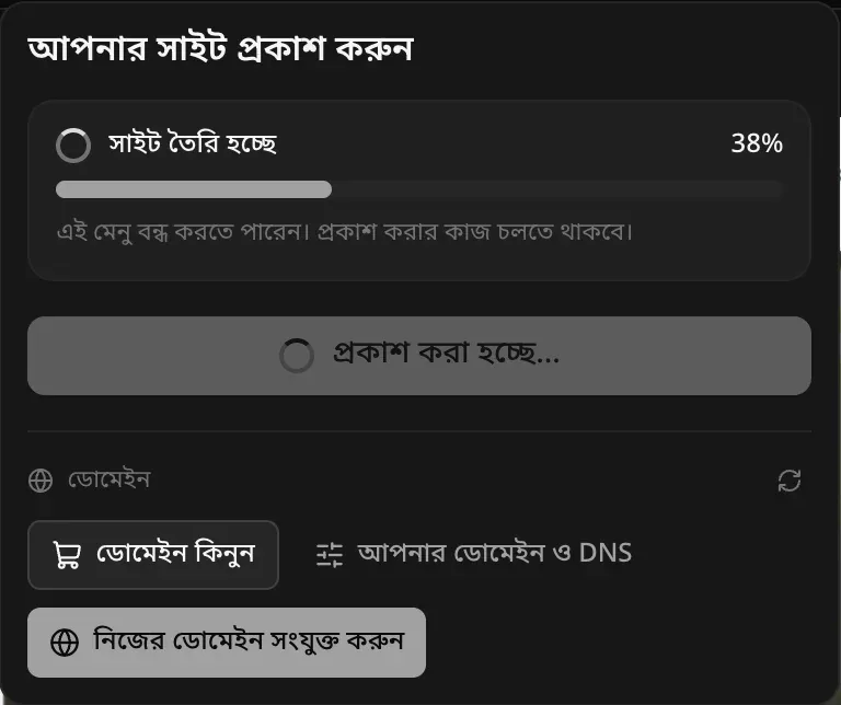প্রকাশের সময় প্রকাশ মেনু: সাইট তৈরি হচ্ছে, 38 শতাংশ, সঙ্গে নোট এই মেনু বন্ধ করতে পারেন। প্রকাশ করার কাজ চলতে থাকবে।