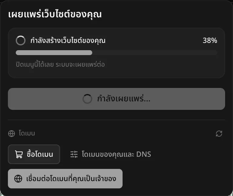 เมนูเผยแพร่ระหว่างการเผยแพร่ ขึ้นว่ากำลังสร้างเว็บไซต์ของคุณ 38 เปอร์เซ็นต์ พร้อมข้อความว่าปิดเมนูนี้ได้เลย ระบบจะเผยแพร่ต่อ