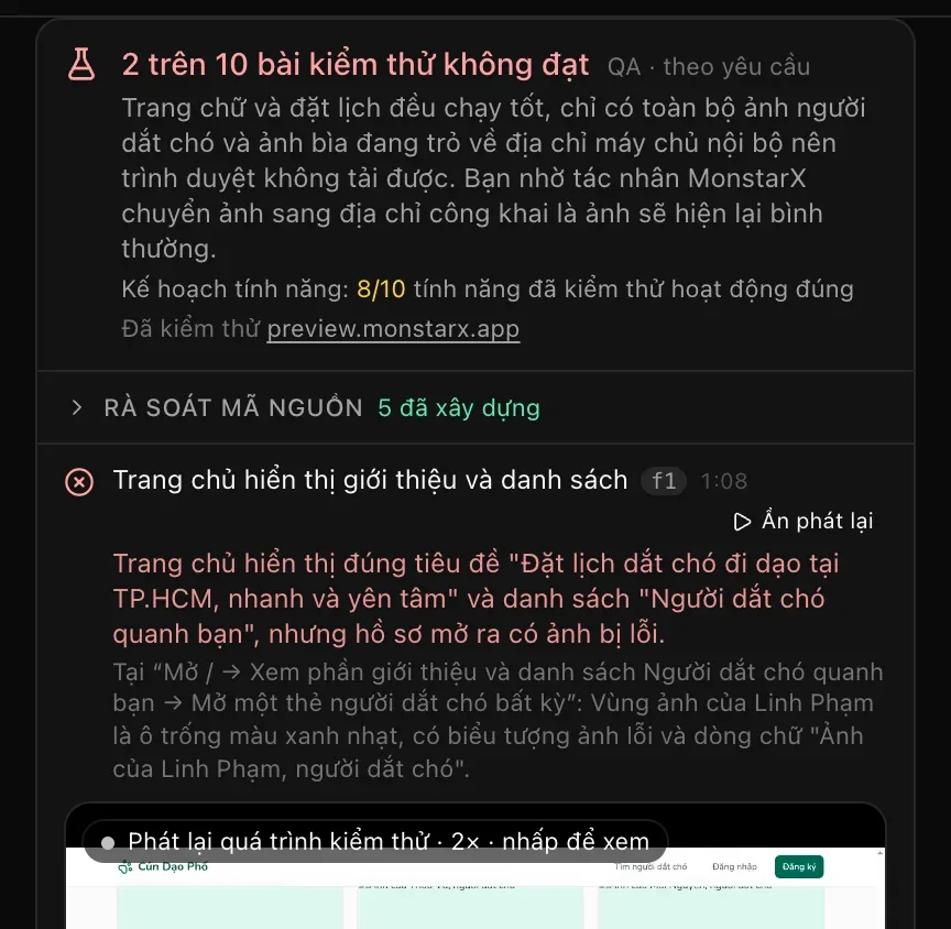 Thẻ QA đã xong: 2 trên 10 bài kiểm thử không đạt, phần tóm tắt, kế hoạch tính năng có 8/10 tính năng đã kiểm thử hoạt động đúng, Rà soát mã nguồn 5 đã xây dựng, rồi bài không đạt đầu tiên, Trang chủ hiển thị giới thiệu và danh sách, với dấu X, thời gian, bước bị lỗi và những gì trang hiển thị, cùng bản phát lại tự mở